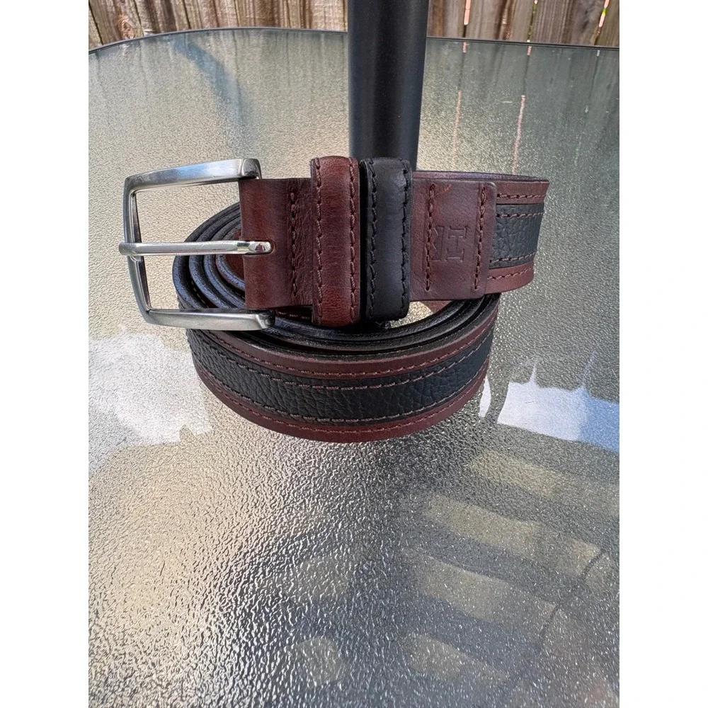 Haggar Mens Brown Black Two Tone Genuine Leather Belt Silver Buckle 48 Inch